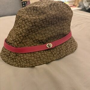 Coach Patterned Brown Bucket Hat with Pink Band